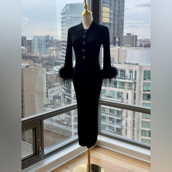 🆕 REBECCA VALLANCE 🧿 NWOT Soraya Feather-Trimmed Knit Midi Dress, Black - Sz S - Picture 11 of 14